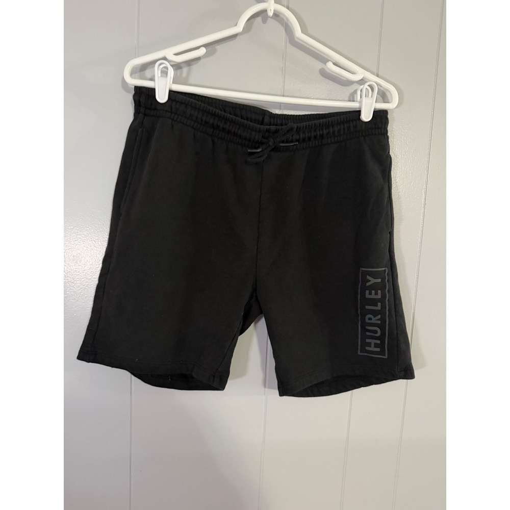 Hurley Sweat Shorts Mens Medium Black Logo Drawstring Fleece Pockets